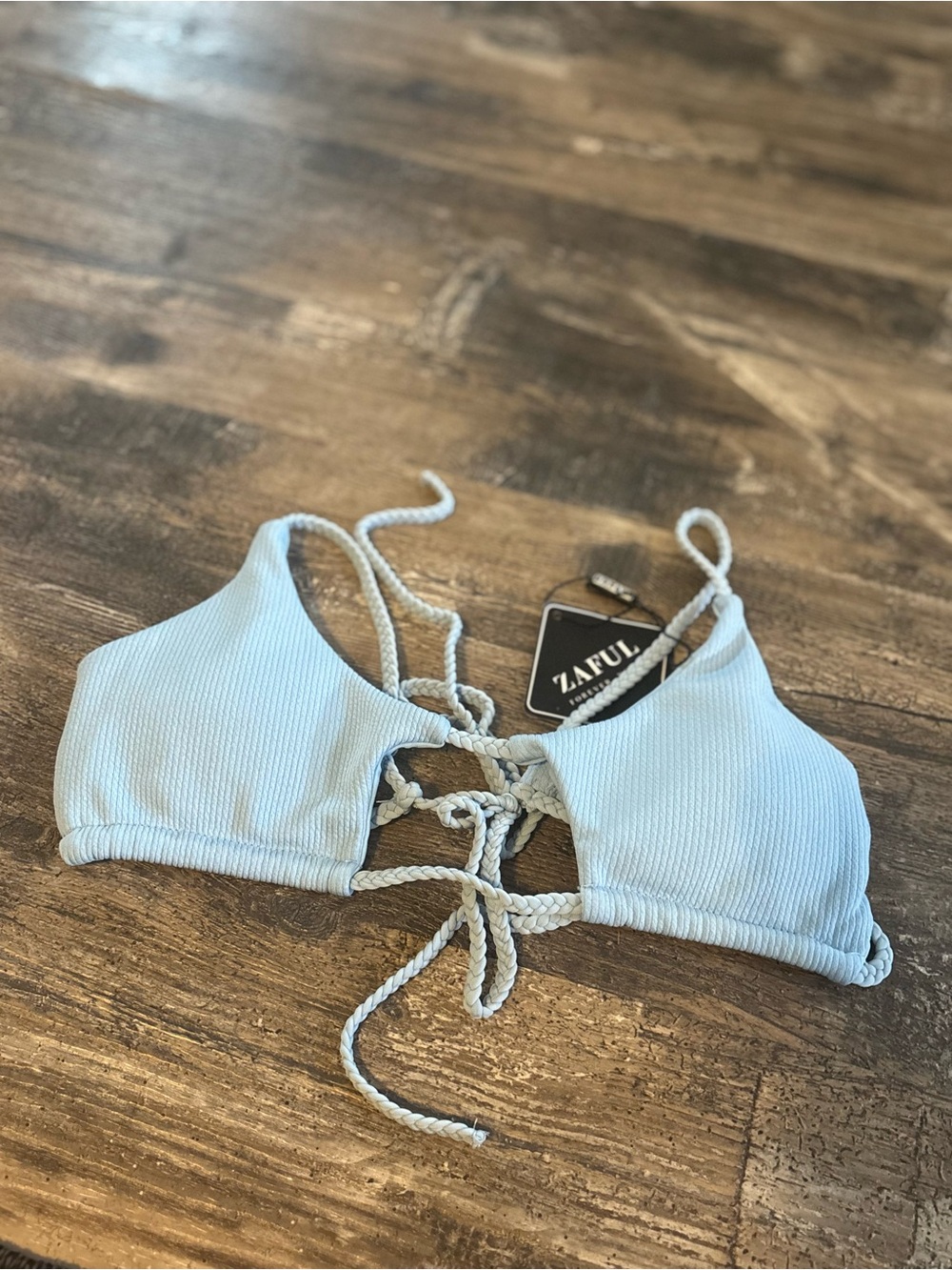 Zaful Light Blue Ribbed Lace-Up Swim Top